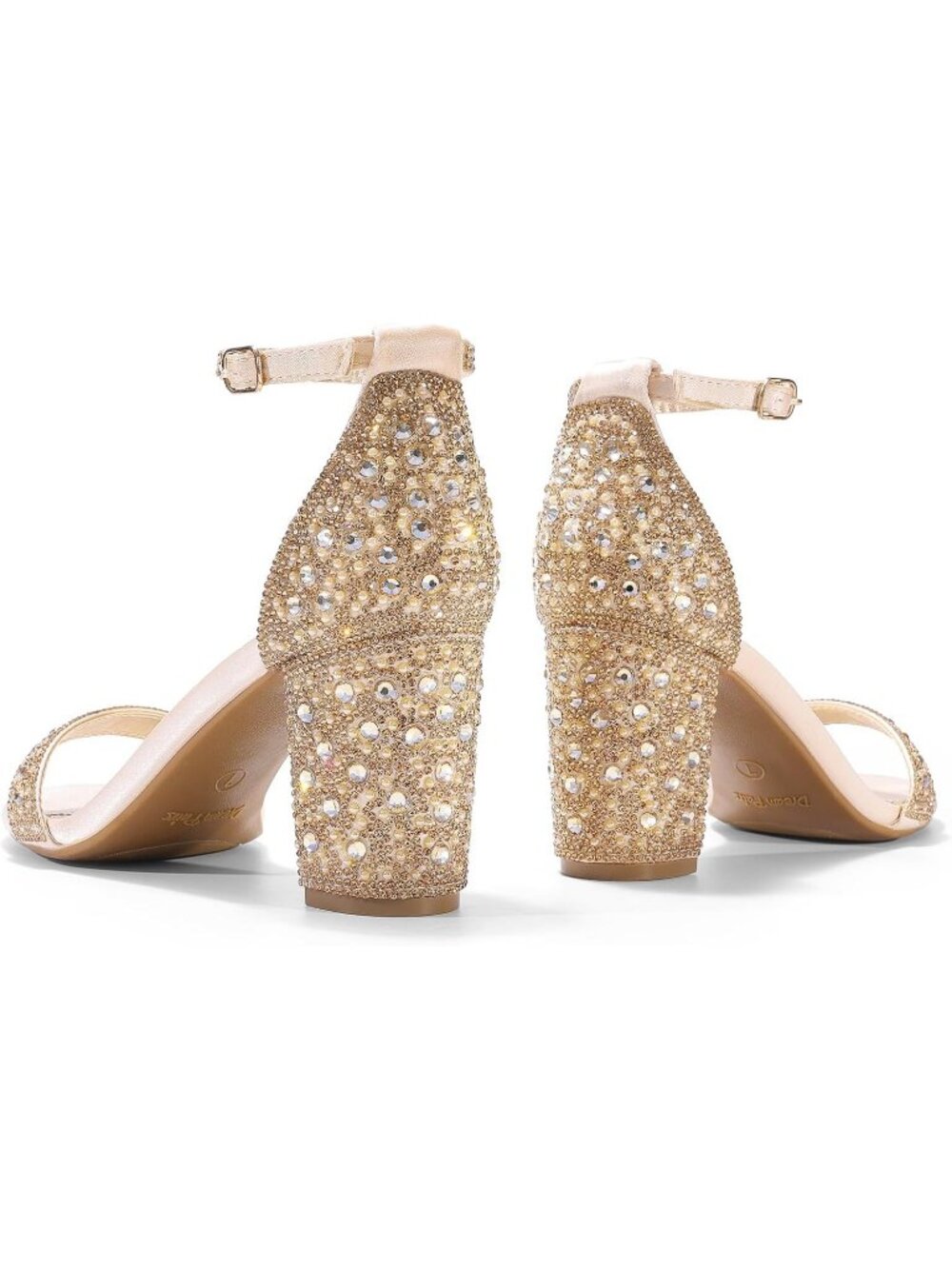 Womens Gold Rhinestone Comfortable Open Toe Ankle Strap Chunky Block Heel Sandal - Picture 6 of 6